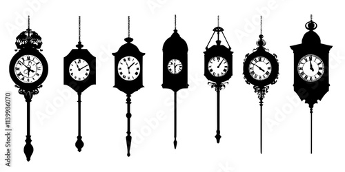 Several clocks hanging on a plain wall, displayed for sale at an auction house, Vectorized Art