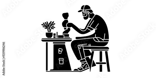 Stone carver polishing a statue with specialized tools for a refined finish, Vectorized Art