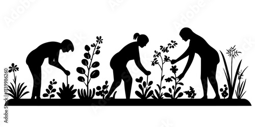 Team placing mulch around pollinator-friendly plants in a large garden bed, Vectorized Art