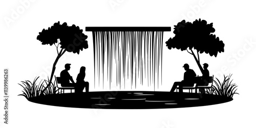 Team constructing a waterfall feature beside a garden seating area, Vectorized Art