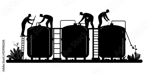 Team installing underground water storage tanks for collecting rainwater in a yard, Vectorized Art
