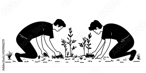 Team planting perennial crops to support a sustainable garden system in a yard, Vectorized Art