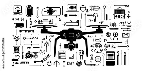 Quadcopter drone being assembled for DIY aerial navigation using robotics components, Vectorized Art