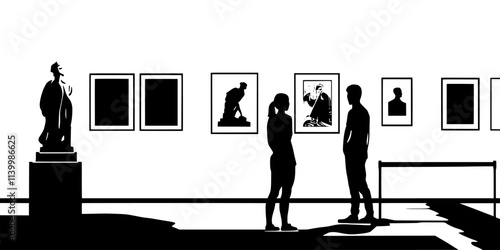 Tourists examining famous sculptures in a renowned art museum during a guided tour, Vectorized Art