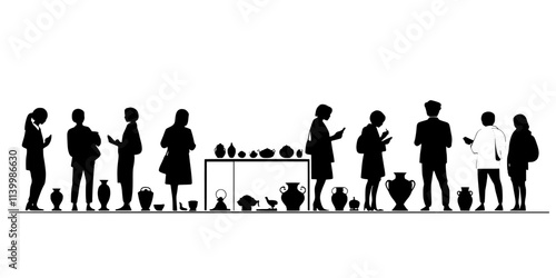 Tourists viewing artifacts from a bygone era displayed during a cultural heritage tour, Vectorized Art