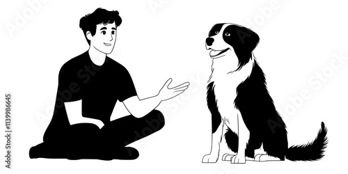 Trainer giving hand signals to a dog for basic commands during a training session, Vectorized Art