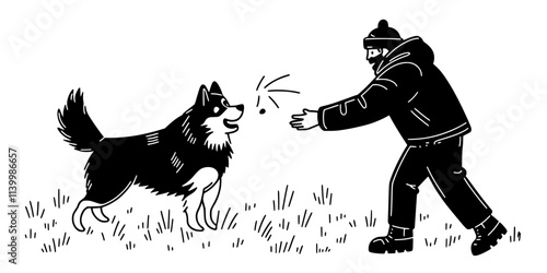 Trainer teaching a dog to jump over arms as part of a trick sequence, Vectorized Art