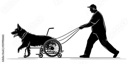 Trainer guiding a dog to help pull a wheelchair in a structured training routine, Vectorized Art