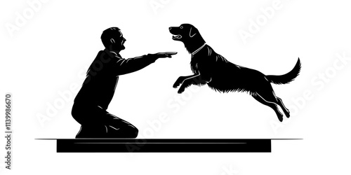 Trainer teaching a dog to jump over arms as part of a trick sequence, Vectorized Art