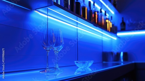 Blue Lit Bar With Empty Glasses And Bottles photo