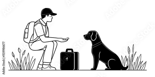 Trainer teaching a dog to jump over arms as part of a trick sequence, Vectorized Art
