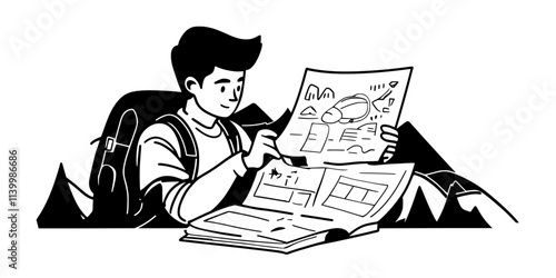 Traveler creating a daily itinerary for a solo vacation, Vectorized Art