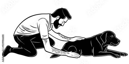 Trainer showing a dog how to roll over using verbal and hand signals, Vectorized Art