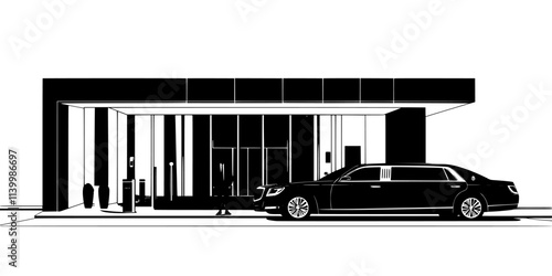 Traveler entering a limousine parked outside an upscale hotel before heading to the airport, Vectorized Art
