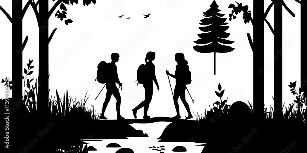 Two hikers navigating a dense forest while crossing a small creek, Vectorized Art Two hikers navigating a dense forest while crossing a small creek, Vectorized Art