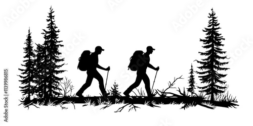 Two hikers navigating a dense forest while crossing a small creek, Vectorized Art