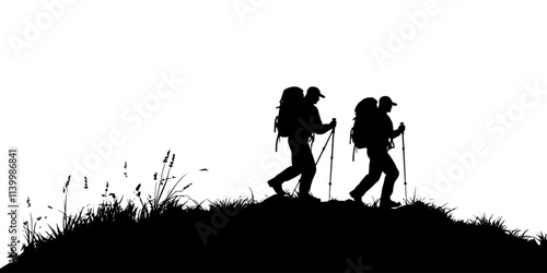 Two hikers walking up a steep mountain trail, carrying trekking poles, Vectorized Art