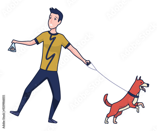 Cleaning after dog. Pet owner picking up pet waste during walk in public park. Animal responsibility of trash clean rules concept. Linear vector illustration