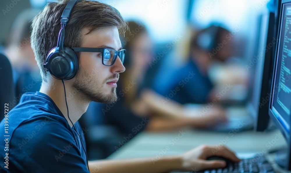 Young man headphones computer coding office colleagues. Young man headphones computer coding office colleagues.