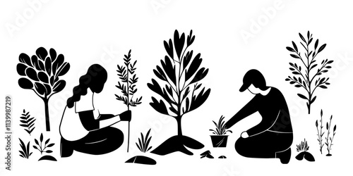 Volunteers planting trees in a reforestation area during a conservation project, Vectorized Art
