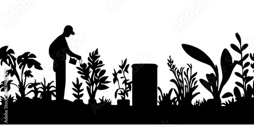 Worker checking the rainwater collection system before irrigating a vegetable garden, Vectorized Art