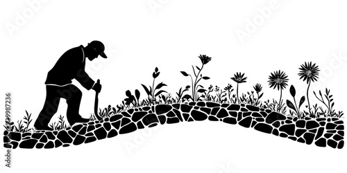 Worker creating a curved garden path using cobblestones along a flower bed, Vectorized Art