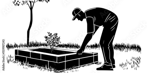 Worker installing a retaining wall in a backyard for garden structure improvement, Vectorized Art
