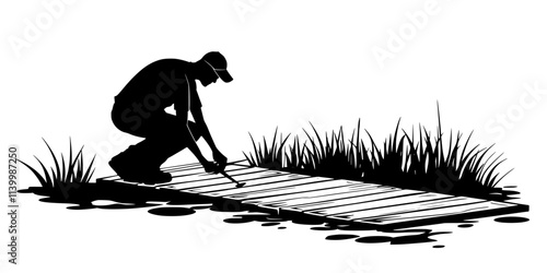 Worker installing wooden planks to form a boardwalk path through a garden, Vectorized Art