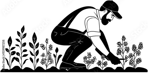 Worker planting bushes and shrubs that produce flowers for pollinators, Vectorized Art