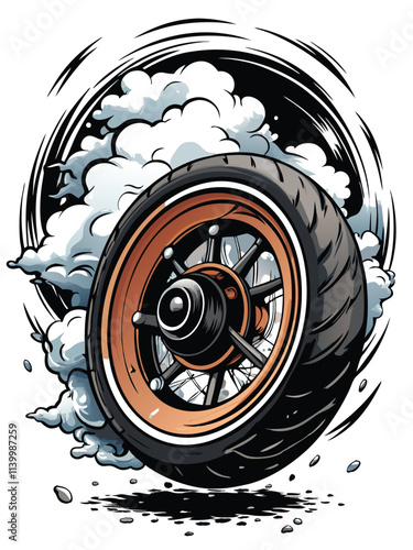 Close-up of a spinning motorcycle wheel, tire blurred by motion, emitting thick, dark smoke.  High detail, dramatic lighting.