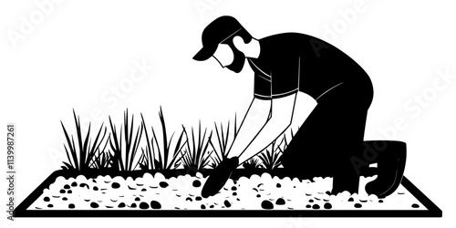 Worker placing gravel to form a decorative area in a backyard, Vectorized Art