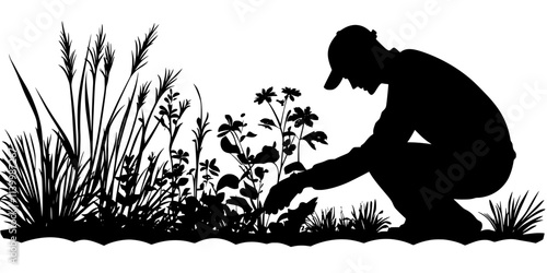 Worker planting native groundcover species to replace grass in a garden area, Vectorized Art