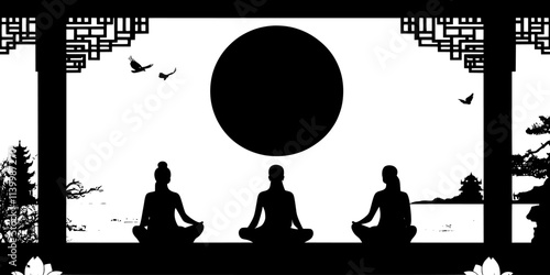 Worshippers sitting in meditation inside a famous temple during a pilgrimage, Vectorized Art