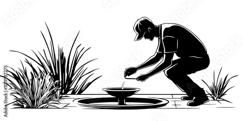 Worker installing a fountain feature in a garden corner next to the patio area, Vectorized Art