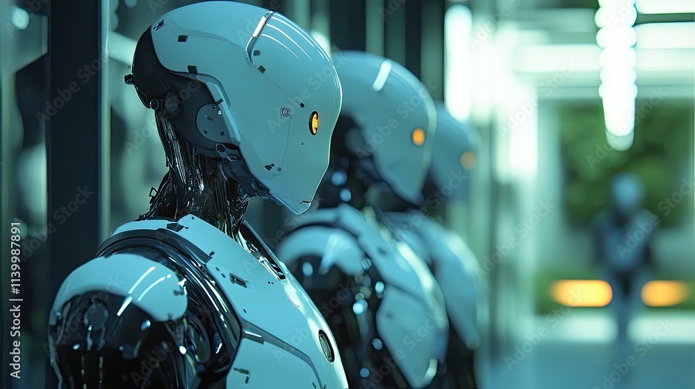 Fototapeta premium Three futuristic robots stand in a modern facility