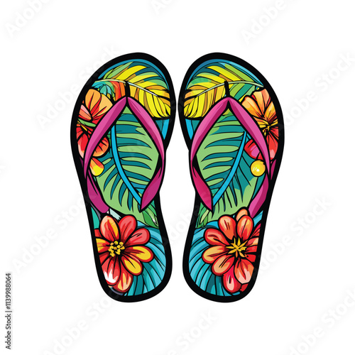 Vibrant, colorful flip-flops adorned with lush tropical flowers, hibiscus, palm trees, and vibrant parrots.  Close-up studio shot.