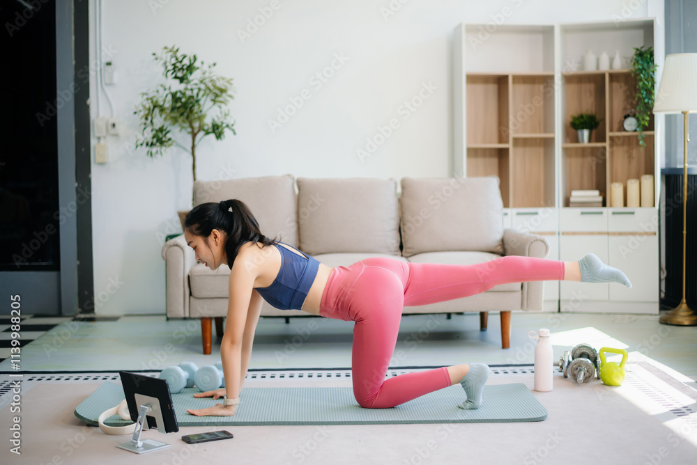 Capture the essence of wellness as a young woman practices yoga and stretches on a mat surrounded Capture the essence of wellness as a young woman practices yoga and stretches on a mat surrounded