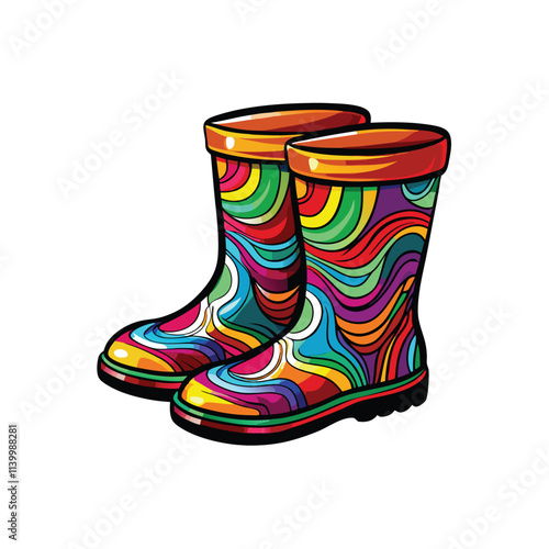 Vibrant, colorful rubber rain boots designed for wet weather, showcasing various styles and patterns. Ideal for rainy days.