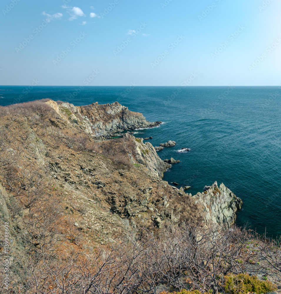 View of the vastness of the Pacific Ocean from the high seashore. High cliffs on the shore of the Pacific Ocean. View of the vastness of the Pacific Ocean from the high seashore. High cliffs on the shore of the Pacific Ocean.