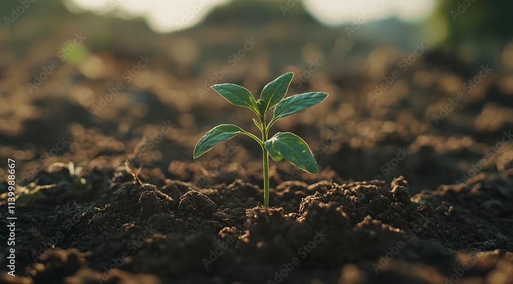 A young green plant sprouting from rich, dark soil. Sunlight highlights its delicate leaves, and the blurred background suggests a natural outdoor environment in the early growth stages. A young green plant sprouting from rich, dark soil. Sunlight highlights its delicate leaves, and the blurred background suggests a natural outdoor environment in the early growth stages.