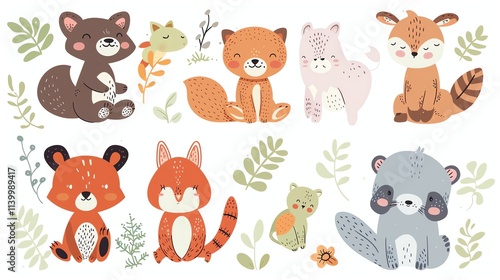 A collection of cute cartoon animals in pastel colors against a white background.