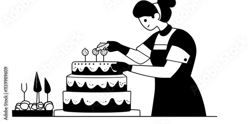 Cake decorator placing edible decorations onto the top layer of a cake, Illustration
