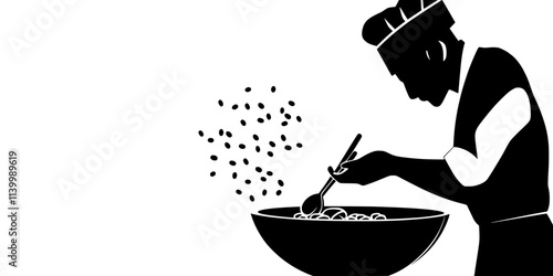 A chef adding ingredients to a wok for stir-frying, Illustration