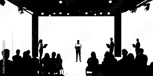 A cast participating in a read-through of a dramatic play before rehearsals, Illustration