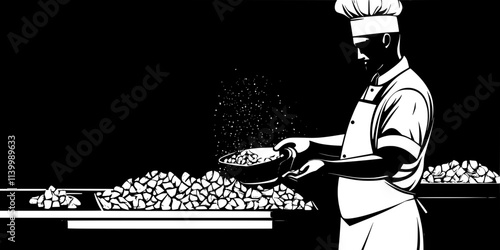A chef adding wood chips to a smoker for flavor during cooking, Illustration