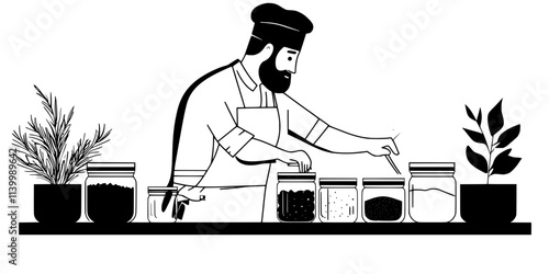A chef preparing jars for fermenting ingredients using salt and water, Illustration