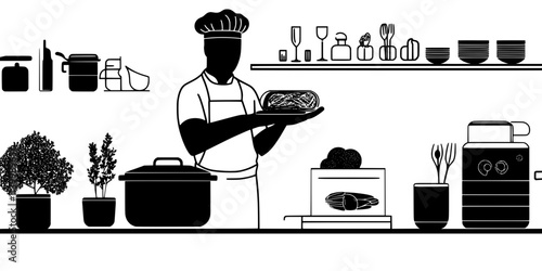 A chef placing vacuum-sealed food into a water bath for sous vide preparation, Illustration