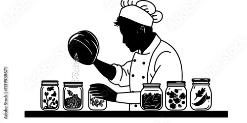 A chef mixing salt into vegetables for preparing fermentation in jars, Illustration