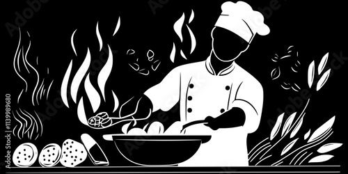 A chef tossing ingredients in a pan while stir-frying over a flame, Illustration