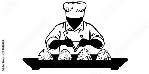 A chef pressing rice into molds for onigiri shaping on a tray, Illustration